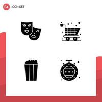 Modern Set of 4 Solid Glyphs Pictograph of masks food mardi gras shopping minutes Editable Vector Design Elements