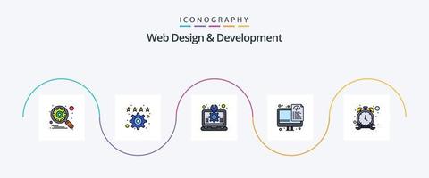 web diseño y desarrollo línea lleno plano 5 5 icono paquete incluso detener. programación. creativo. mejoramiento. ordenador portátil vector