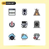 Filledline Flat Color Pack of 9 Universal Symbols of camera power sound on button Editable Vector Design Elements