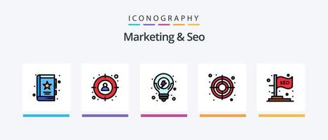 márketing y seo línea lleno 5 5 icono paquete incluso tarta cuadro. velocidad. objetivo. SEO solución. creativo íconos diseño vector