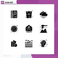 Modern Set of 9 Solid Glyphs and symbols such as mail watch party time business Editable Vector Design Elements