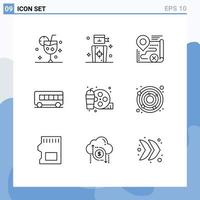 Pictogram Set of 9 Simple Outlines of real transport target bus close Editable Vector Design Elements