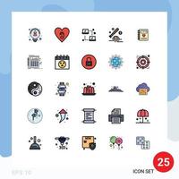 25 Universal Filled line Flat Color Signs Symbols of heart notebook networking sport bat Editable Vector Design Elements