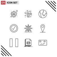 Group of 9 Modern Outlines Set for world network world global tick Editable Vector Design Elements