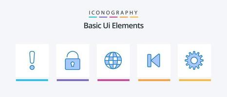 Basic Ui Elements Blue 5 Icon Pack Including gear. start. globe. media. beginning. Creative Icons Design vector