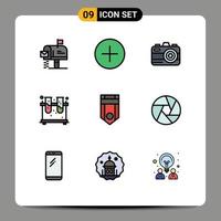 Pictogram Set of 9 Simple Filledline Flat Colors of one badge camera tubes experiment Editable Vector Design Elements