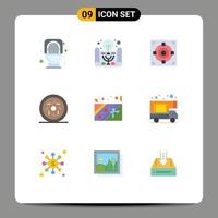 9 User Interface Flat Color Pack of modern Signs and Symbols of present box target sweet donut Editable Vector Design Elements