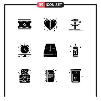 Pack of 9 Modern Solid Glyphs Signs and Symbols for Web Print Media such as document archive hammer time schedule Editable Vector Design Elements