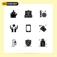 Pack of 9 Modern Solid Glyphs Signs and Symbols for Web Print Media such as call mobile dropper cell hands Editable Vector Design Elements