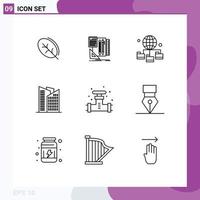 Editable Vector Line Pack of 9 Simple Outlines of plumbing mechanical globe skyscraper building Editable Vector Design Elements