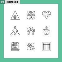 Group of 9 Outlines Signs and Symbols for money insurance heart social link Editable Vector Design Elements