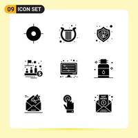 Mobile Interface Solid Glyph Set of 9 Pictograms of sound waves equalizer safety trade management Editable Vector Design Elements