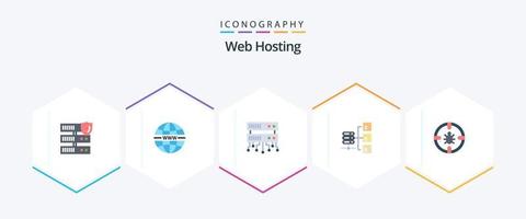 Web Hosting 25 Flat icon pack including network. bug. database server. social. server vector