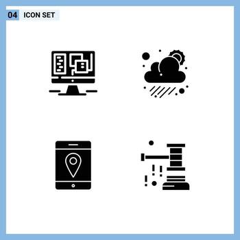 Editable Vector Line Pack of 4 Simple Solid Glyphs of computer maps web sun auction Editable Vector Design Elements