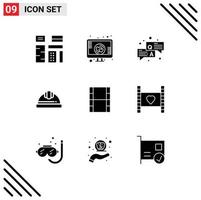 Pack of 9 Modern Solid Glyphs Signs and Symbols for Web Print Media such as video hard cap screen heart helmet chat Editable Vector Design Elements