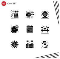 Pack of 9 Modern Solid Glyphs Signs and Symbols for Web Print Media such as baking service discount open clock Editable Vector Design Elements