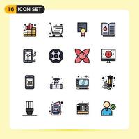 Mobile Interface Flat Color Filled Line Set of 16 Pictograms of progress graph shopping chart book apple Editable Creative Vector Design Elements