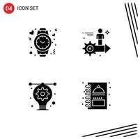 Set of 4 Commercial Solid Glyphs pack for heart man time gear bulb Editable Vector Design Elements