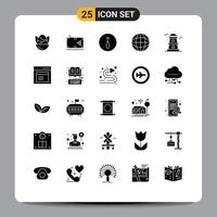 Group of 25 Modern Solid Glyphs Set for tower globe stick geography information Editable Vector Design Elements