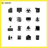 Group of 16 Modern Solid Glyphs Set for head alert contamination information standard Editable Vector Design Elements