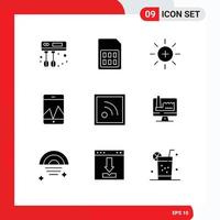 9 Universal Solid Glyph Signs Symbols of rss feed brightness smartphone analytics Editable Vector Design Elements