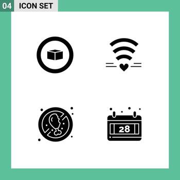 Set of 4 Vector Solid Glyphs on Grid for basic food wifi heart calendar Editable Vector Design Elements