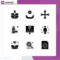 Mobile Interface Solid Glyph Set of 9 Pictograms of develop coding performance usb connection Editable Vector Design Elements