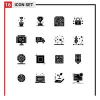 Modern Set of 16 Solid Glyphs and symbols such as biology security book loucked media Editable Vector Design Elements