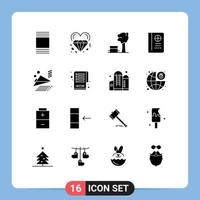 Mobile Interface Solid Glyph Set of 16 Pictograms of plane airplane bench vacation passport Editable Vector Design Elements