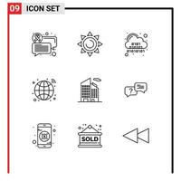 Mobile Interface Outline Set of 9 Pictograms of skyscraper building code network hub Editable Vector Design Elements