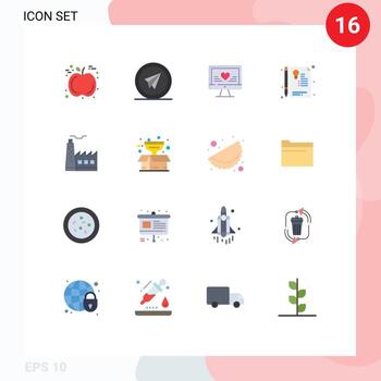 Flat Color Pack of 16 Universal Symbols of factory seal computer sign certificate Editable Pack of Creative Vector Design Elements