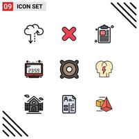 Pack of 9 Modern Filledline Flat Colors Signs and Symbols for Web Print Media such as speaker devices clipboard display computer clock Editable Vector Design Elements