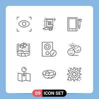 Pack of 9 Modern Outlines Signs and Symbols for Web Print Media such as devices drawing mobile modeling animation Editable Vector Design Elements