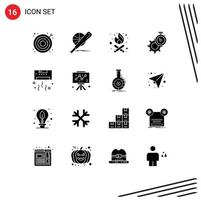 Group of 16 Solid Glyphs Signs and Symbols for watch gear game time party time Editable Vector Design Elements