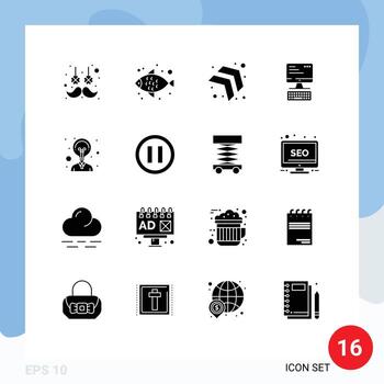 Set of 16 Vector Solid Glyphs on Grid for media idea up creativity monitor Editable Vector Design Elements