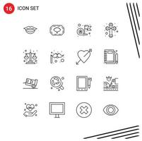 Pack of 16 Modern Outlines Signs and Symbols for Web Print Media such as carnival equality success balance scale cross Editable Vector Design Elements