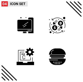 Modern Set of 4 Solid Glyphs and symbols such as computer coding currency transformation development Editable Vector Design Elements