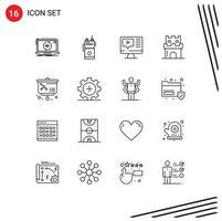 Group of 16 Modern Outlines Set for sand castle radio beach video Editable Vector Design Elements