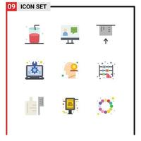 Pack of 9 creative Flat Colors of head laptop atm setting design Editable Vector Design Elements