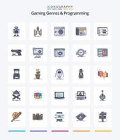 Creative Gaming Genres And Programming 25 Line FIlled icon pack  Such As panel. admin. math. terminal. root vector