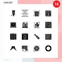 Set of 16 Commercial Solid Glyphs pack for building laptop shop setting optimization Editable Vector Design Elements