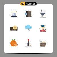 Flat Color Pack of 9 Universal Symbols of lightning multi media cooking bbq movie projector Editable Vector Design Elements