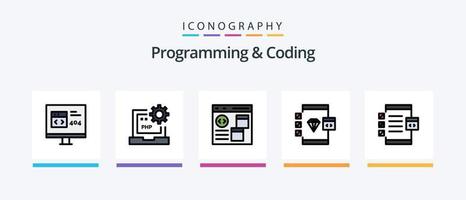 Programming And Coding Line Filled 5 Icon Pack Including develop. app. develop. file. development. Creative Icons Design vector