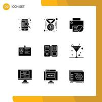Set of 9 Vector Solid Glyphs on Grid for id card corporate computers business hardware Editable Vector Design Elements