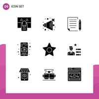 Universal Icon Symbols Group of 9 Modern Solid Glyphs of studio star letter mobile application Editable Vector Design Elements