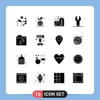 16 User Interface Solid Glyph Pack of modern Signs and Symbols of edit spanner globe control label Editable Vector Design Elements