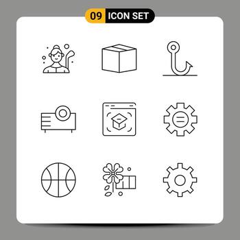 Outline Pack of 9 Universal Symbols of internet technology fish projector electronics Editable Vector Design Elements