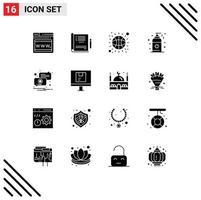 Set of 16 Vector Solid Glyphs on Grid for computer pin basketball notification sunscreen Editable Vector Design Elements