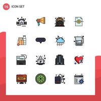 Pack of 16 Modern Flat Color Filled Lines Signs and Symbols for Web Print Media such as gear place megaphone fire culture Editable Creative Vector Design Elements