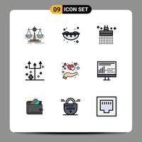 Group of 9 Filledline Flat Colors Signs and Symbols for care horror bath halloween trident eve Editable Vector Design Elements